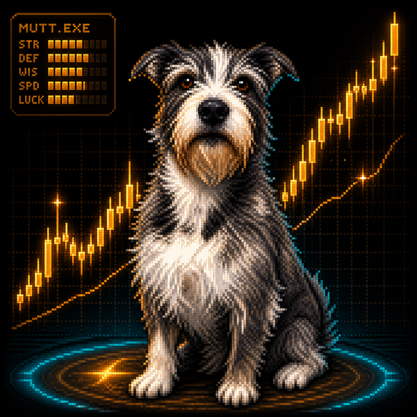 Floki the trader dog with floating gold candlesticks — pixel art