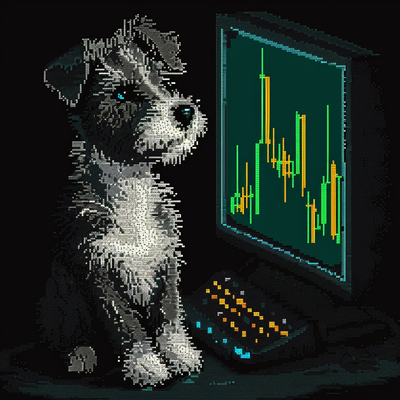 Floki the dog watching a candlestick chart on a CRT monitor — pixel art